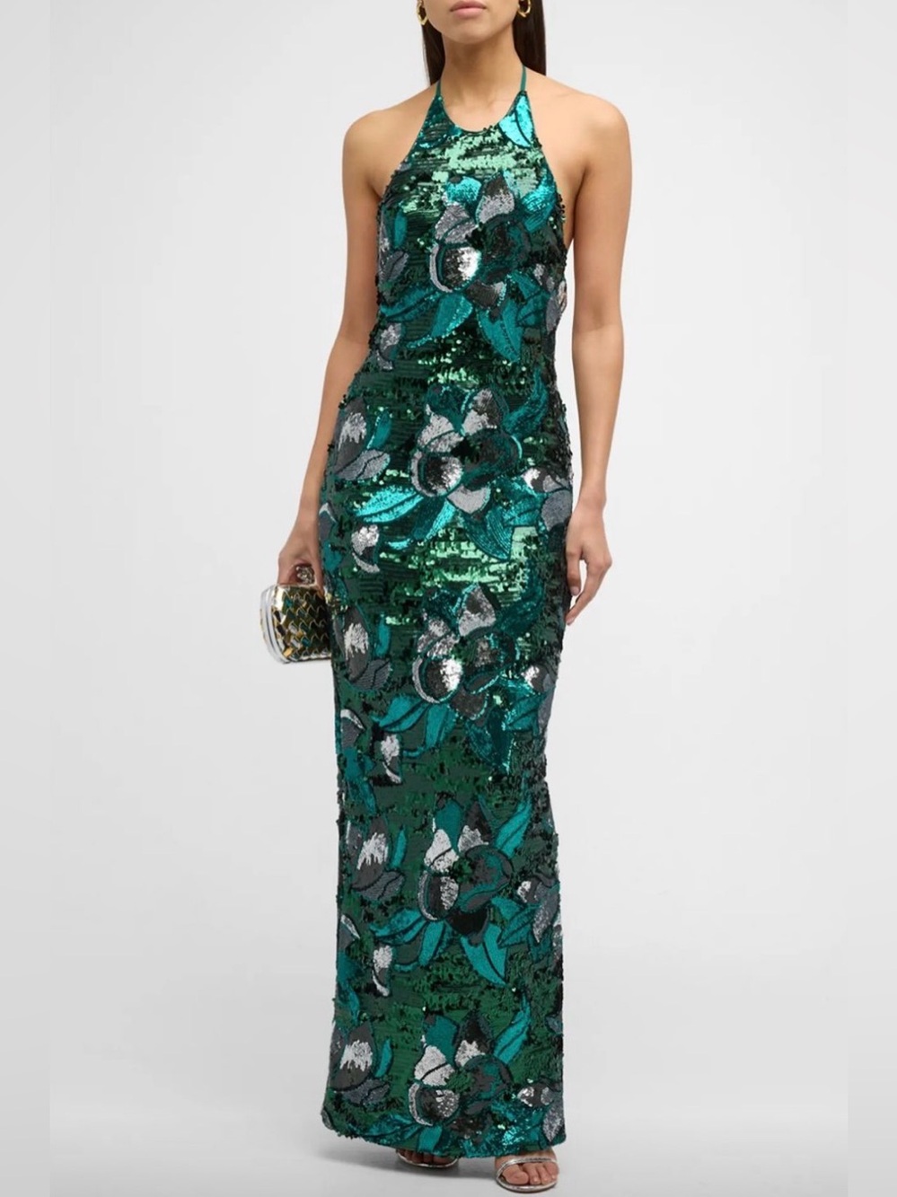 Sequin Halter Floral Maxi Dress in Emerald